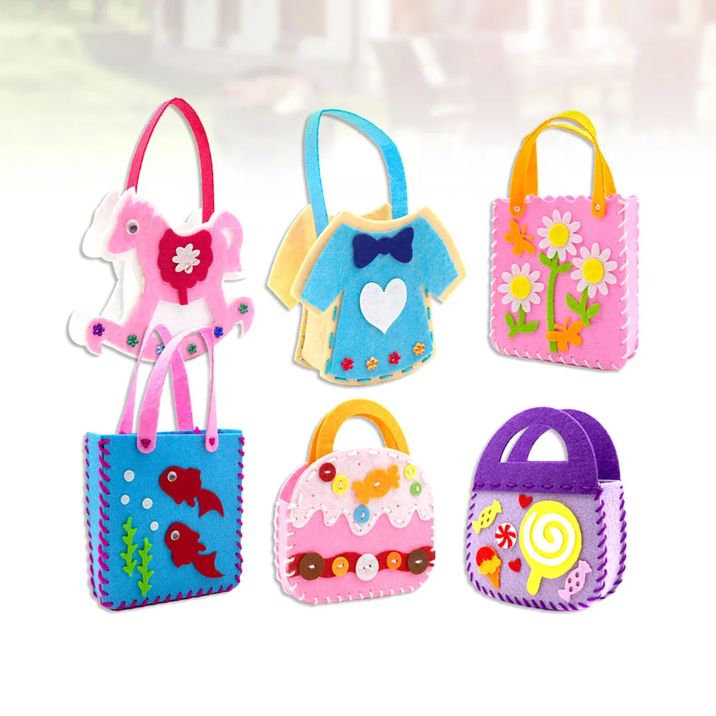 

6Pcs DIY Nonwovens Handbags Cartoon Sewing Bags Crafts for Preschool Candy Snacks Holder Reusable Gift