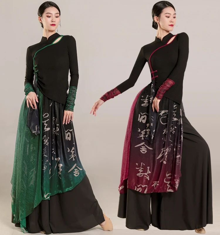 Classical Dance Costume Slim Cheongsam Top Dancewear Floating Saree Practice Clothes Women Chinese Dance Performance Clothes Set