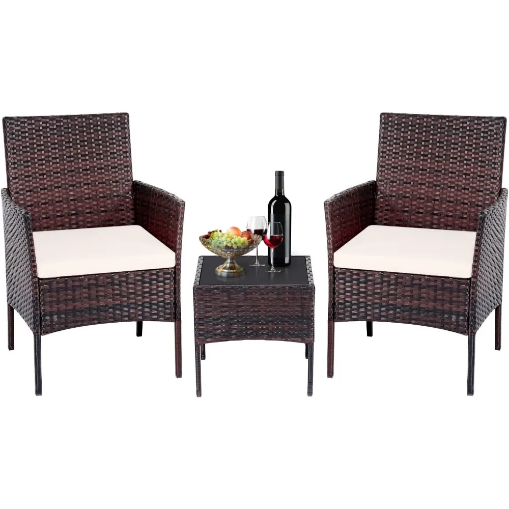 Patio Set 3 Piece Outdoor Furniture with Tempered Glass Side Table & Cushion All Weather Conversation Bistro Set