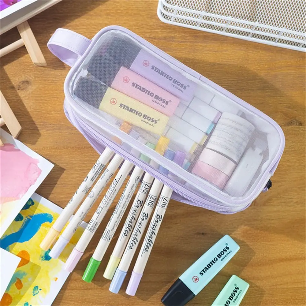 Imagem -05 - Grande Grid Mesh Pencil Case Transparente Marker Pouch Organizador de Papelaria Dois Compartimentos Zipper Closure Bolsa para Estudante Adolescente