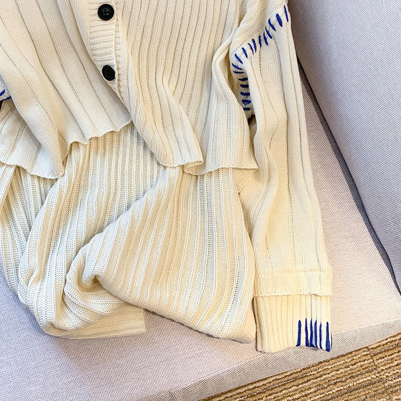 بلوفر نسائي أوف وايت فضفاض متماسكة سترة Harajuku خمر Y2k كم طويل الخامس الرقبة اليابانية سترة الكشمير المعنقة 2000s الملابس 2025 #5