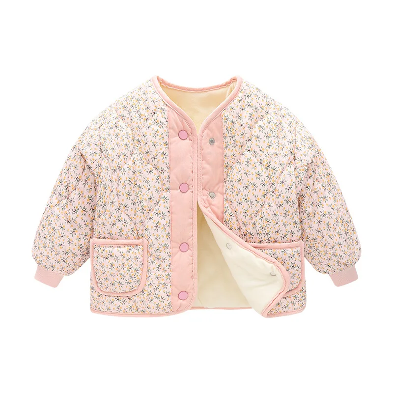 Girls plush short jacket 2026 autumn/winter new floral button cotton corduroy goose children's plush thickened jacket Down Jacke