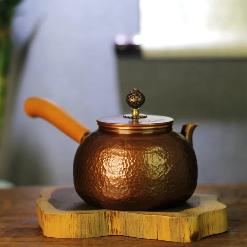 Side handle hammer pot pulp antique Chinese hammer mesh pattern Japanese urgent beard copper teapot beech handle Chinese wide