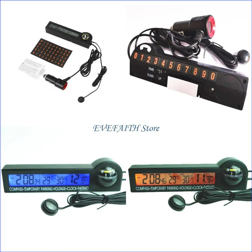 

124B Car Temporary Parking DecorationAutomobile Digital Campa Clock Thermometer 12V Meter Alarm LCD Backlight