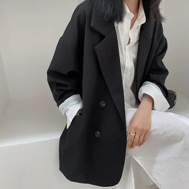 Oversize blezer kobiety garnitur w koreańskim stylu szykowny czarny blezer płaszcz na co dzień Streetwear luźne kurtki solidne damskie kurtki studenckie — zdjęcie 5