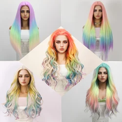 13 * 5 * 1 Lace Wig Women's Anime Gradient Wig 26 inch Fashion Star Same Rainbow Gradient Stained Curly Hair Forehead