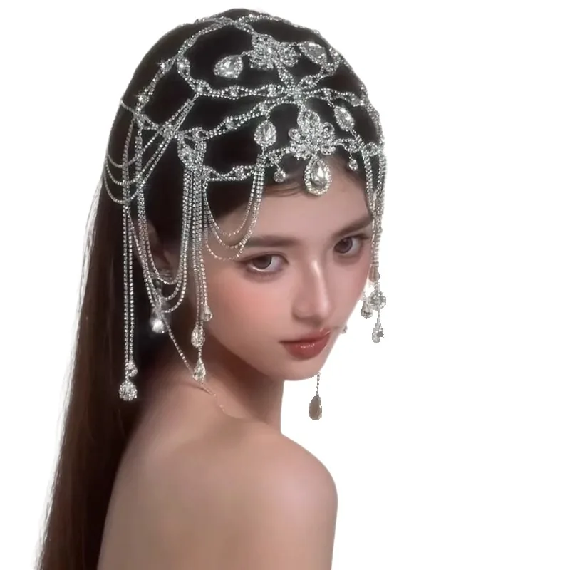 

Exquisite Crystal Bridal Headwear Princess Forehead Chain with Pendant Beaded Fringe Bohemian Wedding Headpiece for Women