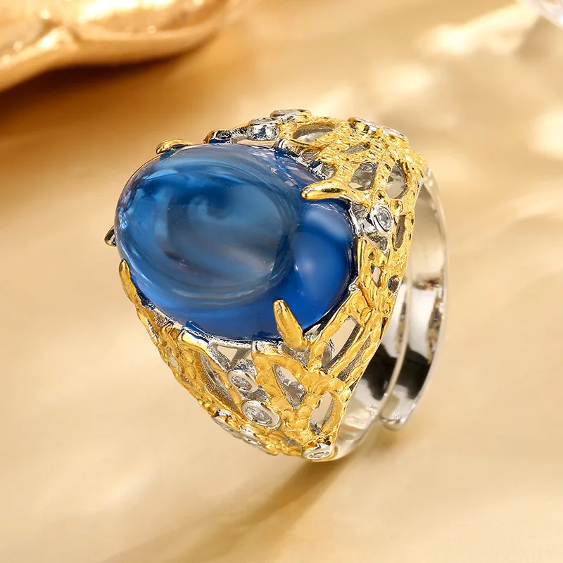New jewelry with copper base, gold-plated, plain colored gemstone, egg-shaped hollow ring, stone size 13*18
