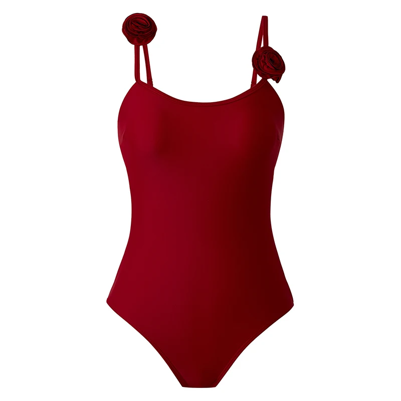 Red Bathing Suit Women 3D Floral Halter Bodysuit Ruffled Irregular Chiffon Skirts Summer 2026 Vintage Fashion Beachwear