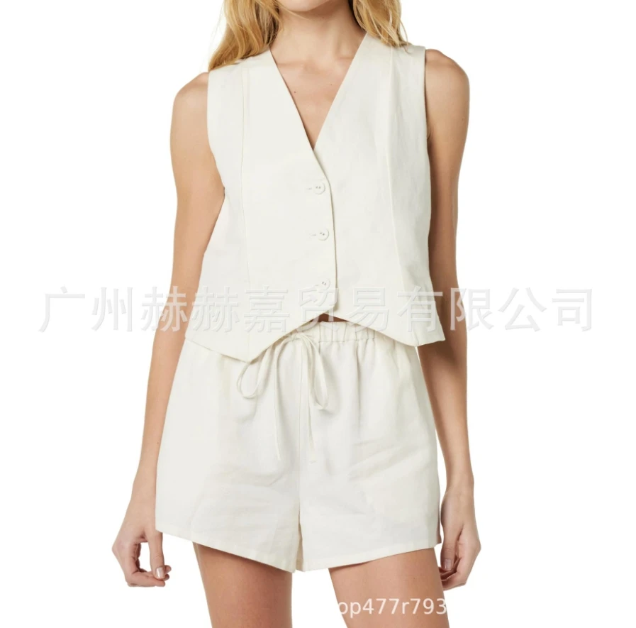 Versatile and Stylish V-Neck Sleeveless Short Vest Top with Elastic Waistband Shorts Set for Women's New Casual Summer Wear