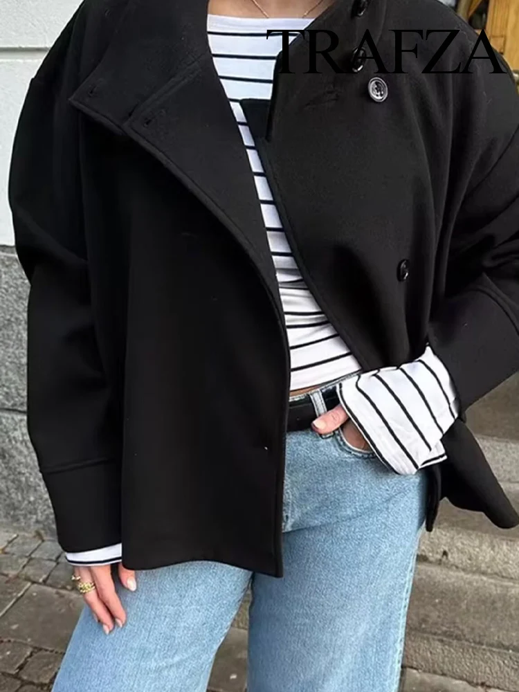 

TRAFZA Women's Autumn Fashion Versatile Stand Collar Long-sleeved Single-breasted Casual Jackets Female Temperament Short Coats