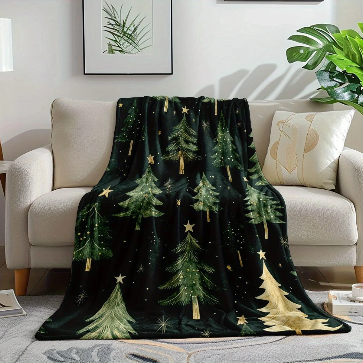 Dark Green Base with Golden Foil Christmas Trees and Stars, Fully Festive. Soft Material, Suitable for Sofas, Offices, and Other