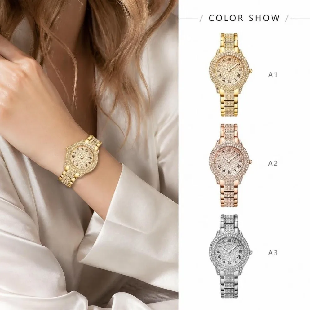 Elegant Stainless Steel Band Wrist Watch Rhinestone Dial Full Diamond Bling Bracelet Watch Quartz Wristwatch Women