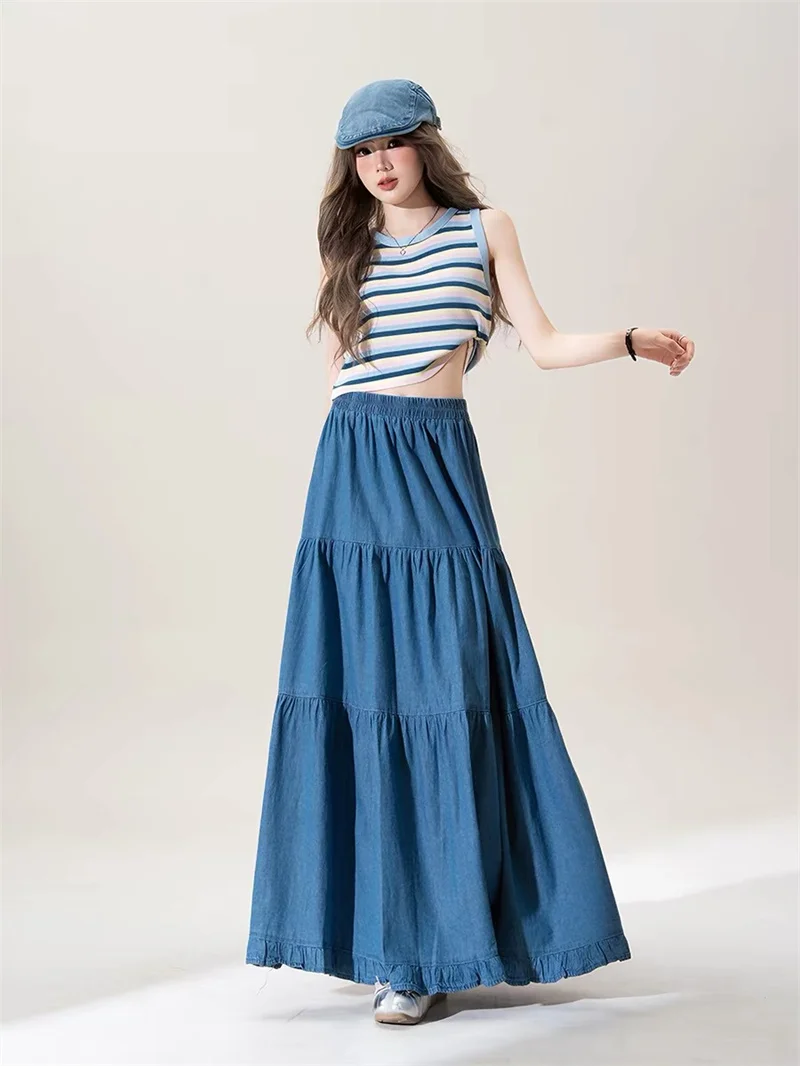 Women's High Elastic Waist Long Denim Skirt Korean Style Streetwear Casual Blue Maxi Jeans Skirt plus Size Cake Skirt
