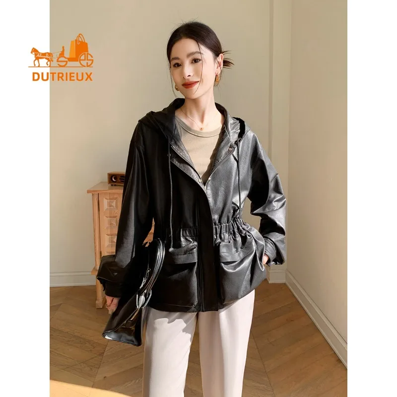 Nueva chaqueta de cuero genuino con capucha de otoño e invierno para mujer, 100% piel de oveja auténtica, abrigo corto suelto elegante de moda para mujer