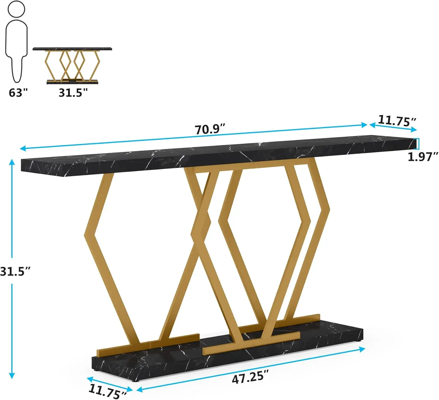 Mesa de sofá extralarga de 70,9 pulgadas, consola negra y dorada con sobremesa de mármol de imitación, marco de entrada moderno