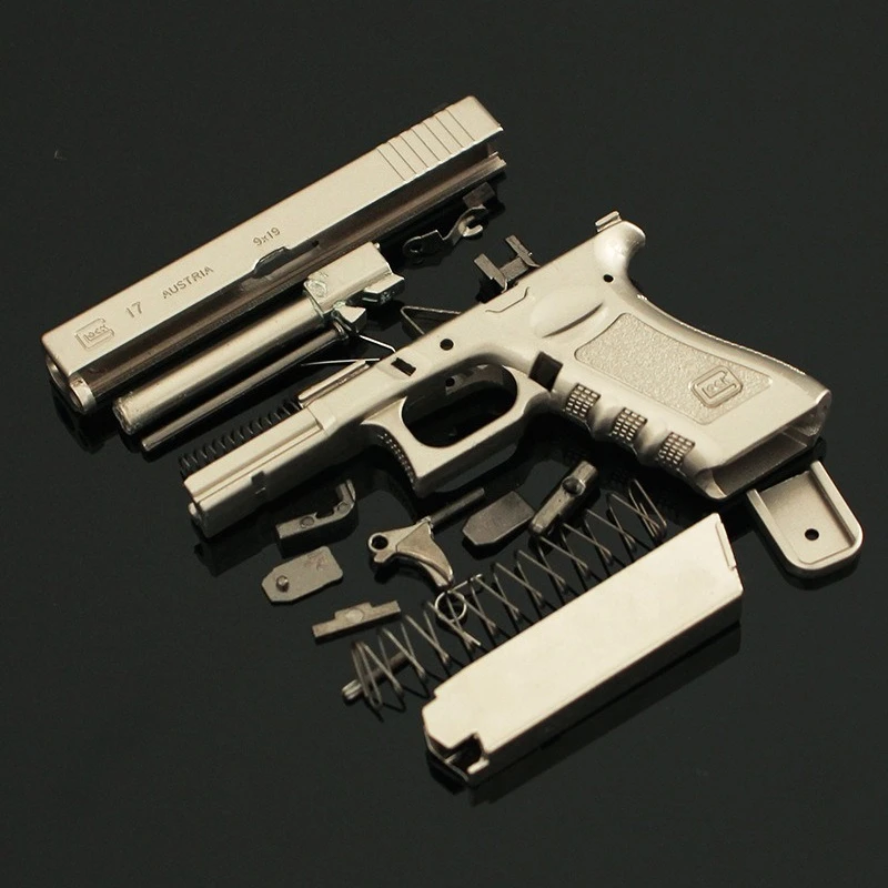 2.56in 미니 소형 총 키 체인 1:3 글록 트럼펫 분리형 금속 모델 장난감 총 배낭 펜던트 데스크탑 장식 소년 선물