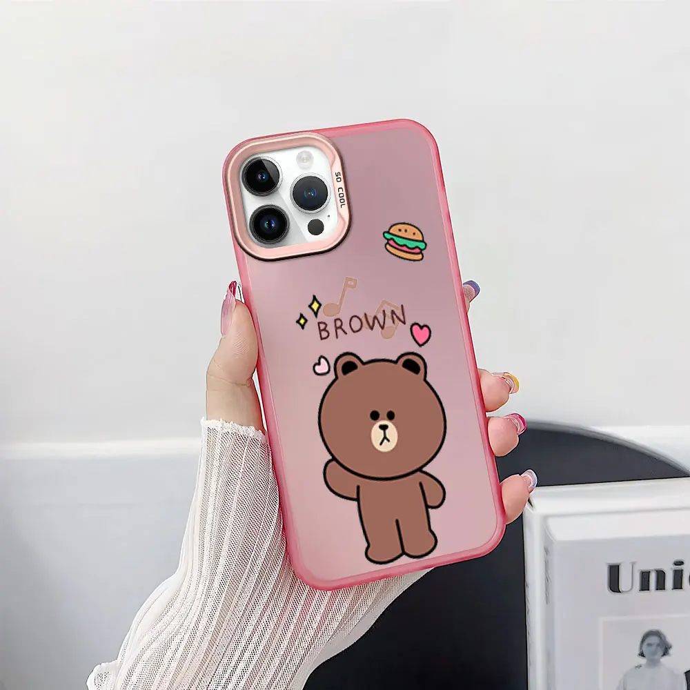 Phone Case for iPhone 12 11 13 14 15 16 Pro Plus IMD Plating Cover MINISO Cute L-Line F-Friends Bear B-Brown