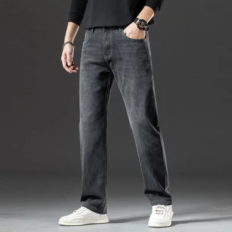 

Модные тенденции, осенние новые темно-серые джинсы, женские потертые брюки с высокой талией и карманами на молнии, повседневные универсальные эластичные прямые брюки