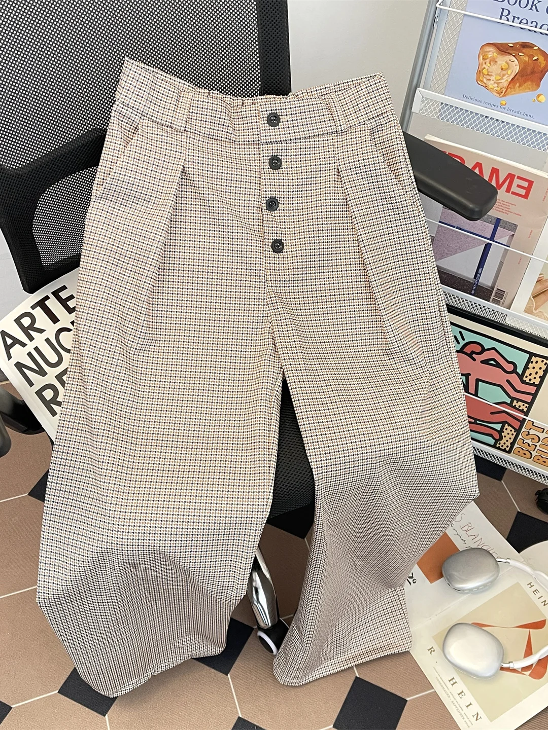 

Classic Plaid Button up Men's Straight Leg Trousers Retro American Sle Casual Long Pants Autumn Faion Trend Youth
