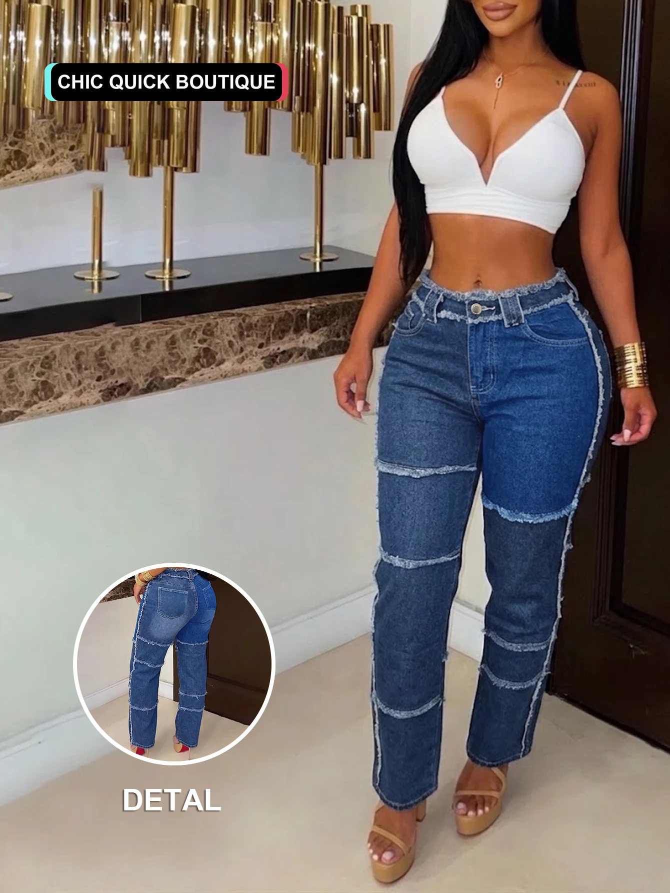 Women High Waist Non-Stretch Straight Jeans Patchwork Raw Fray Edge Medium Stone Wash Denim Pants Streetwear