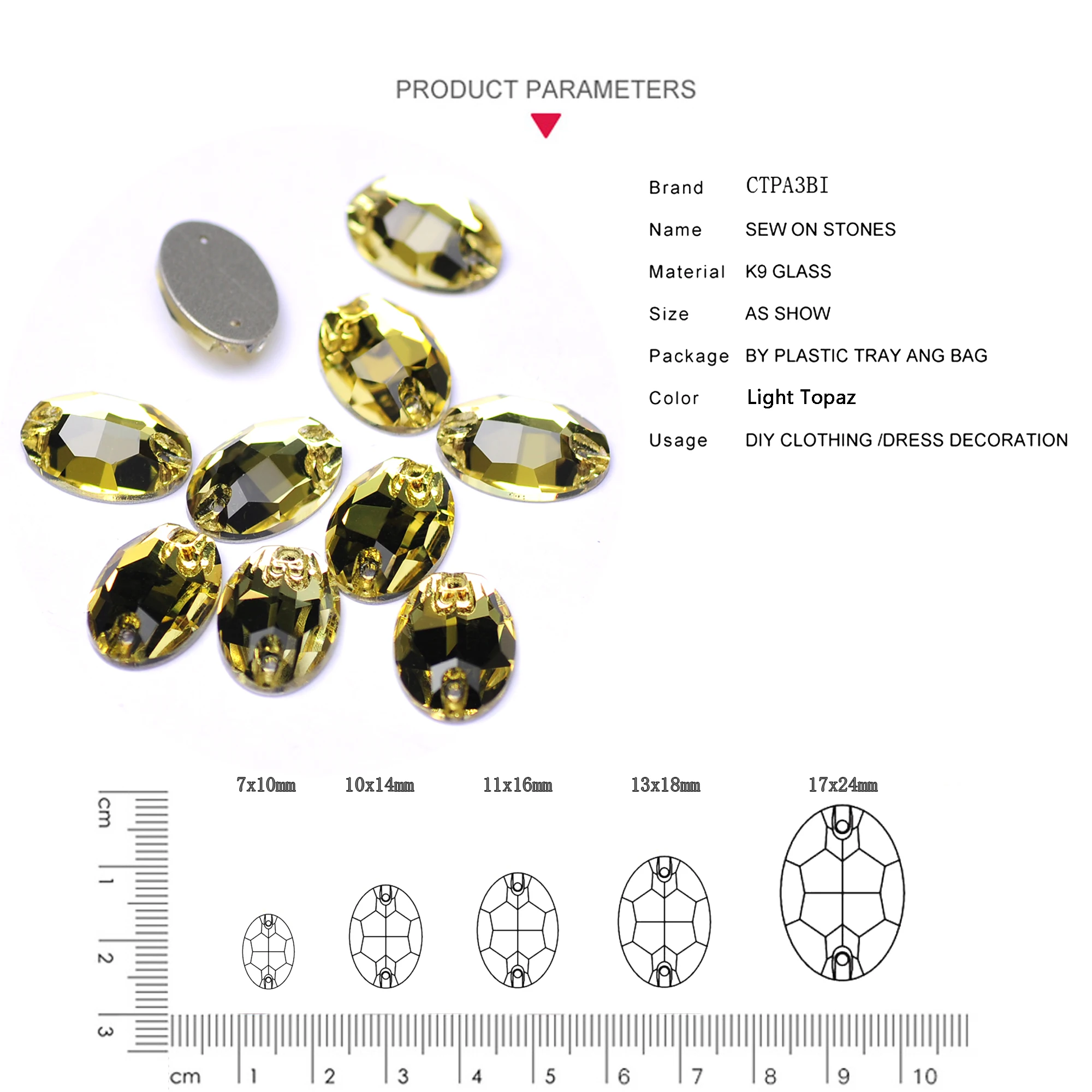 Oval Light Topaz Glass Rhinestones, Flatback Crystal Beads, Diamond Sew on for Dress Decoration, Gemstones for Crafts