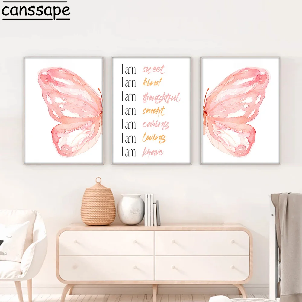 Inspirational Words Print Pictures Pink Butterfly Wall Art Brave Canvas Painting Nordic Nursery Posters Kids Girls Bedroom Decor