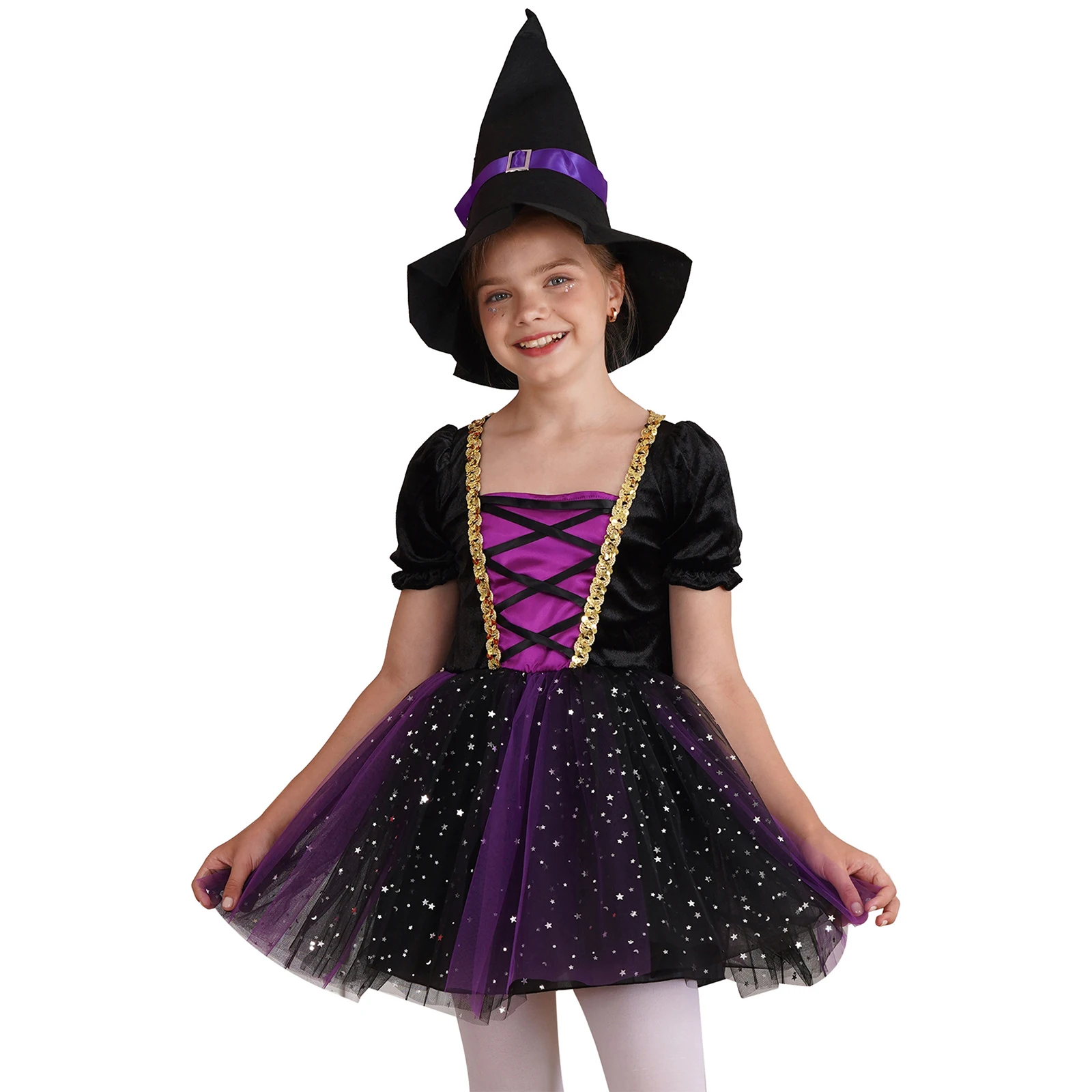 

Halloween Kids Girls Cosplay Witch Costume Short Bubble Sleeve Glittery Mesh Tutu Dress+Pointed Hat Set for Dress Up Performance