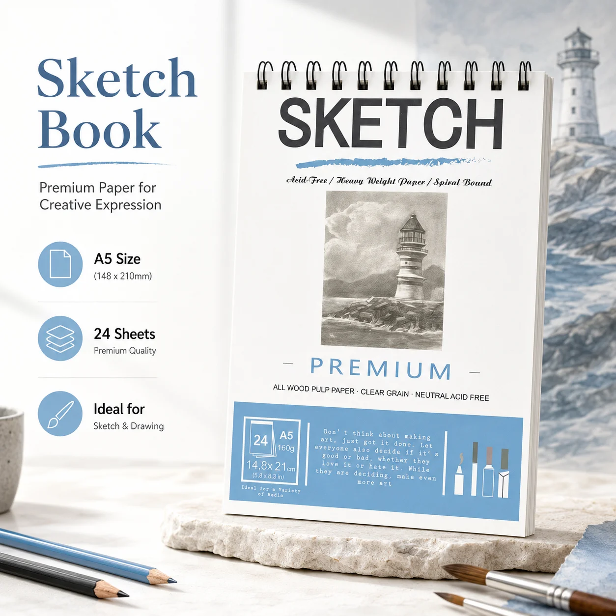 Classic Masterpiece Art Sketchbook - 160gsm Thick Paper, Acid-Free, Perfect for Watercolor, Charcoal & Pencil - Ideal Gift for Art Lovers