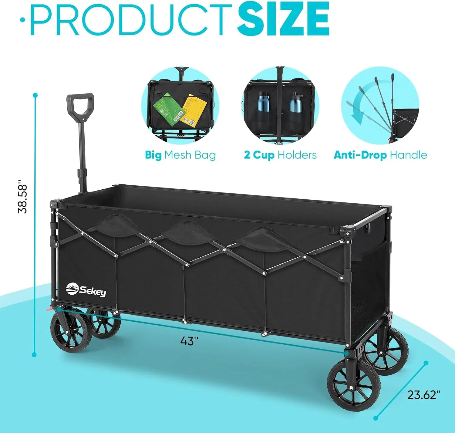 Wagon pieghevole esteso Sekey da 43 pollici 400 litri di grande capacità, carrello da giardino pieghevole per carichi pesanti da 440 libbre con ruote per tutti i terreni