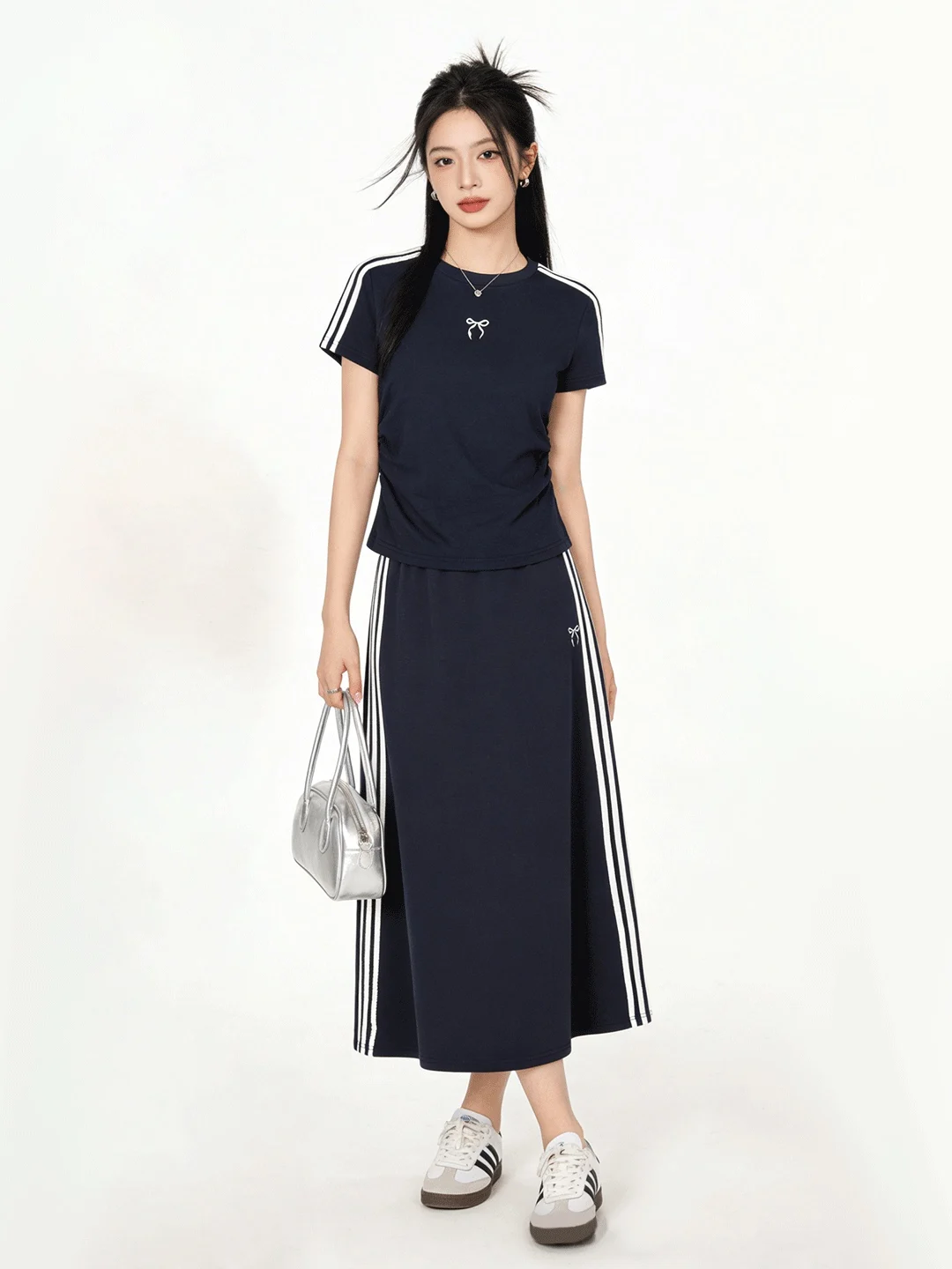 

Retro Knot Stripe ort T-irt Summer High Waist Dra Two-Piece Set Women's Faion Korean Sle Breathable Lig...