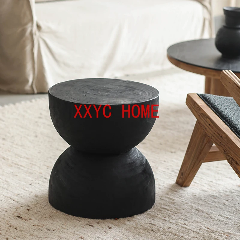 Charcoal Black Funnel-Shaped Decorative Stool Retro Living Room Solid Wood Creative Sofa and Tea Table