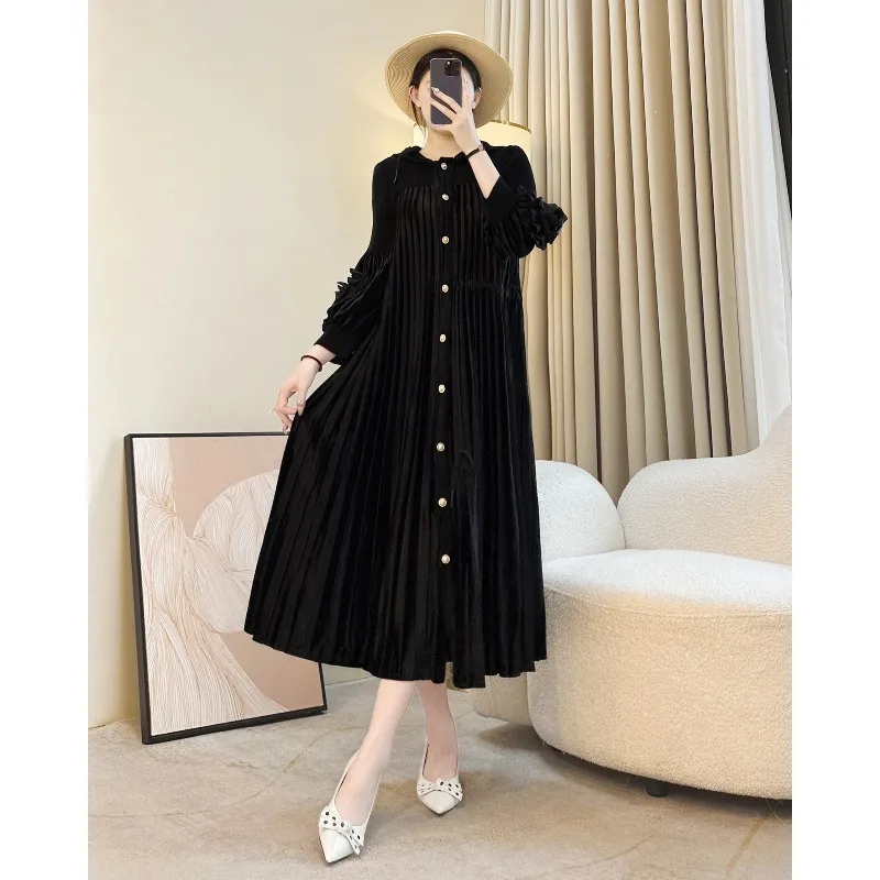 Miyake style women pleated dress fall new long sleeve hooded waist tie single breasted long dress wrinkle resistant fabrics AliExpress