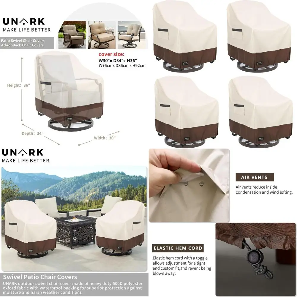 

4-Pack 600D Waterproof Swivel Patio Chair Covers, Heavy Duty Outdoor Furniture Cover, Beige & Brown, 30x34x36 inches