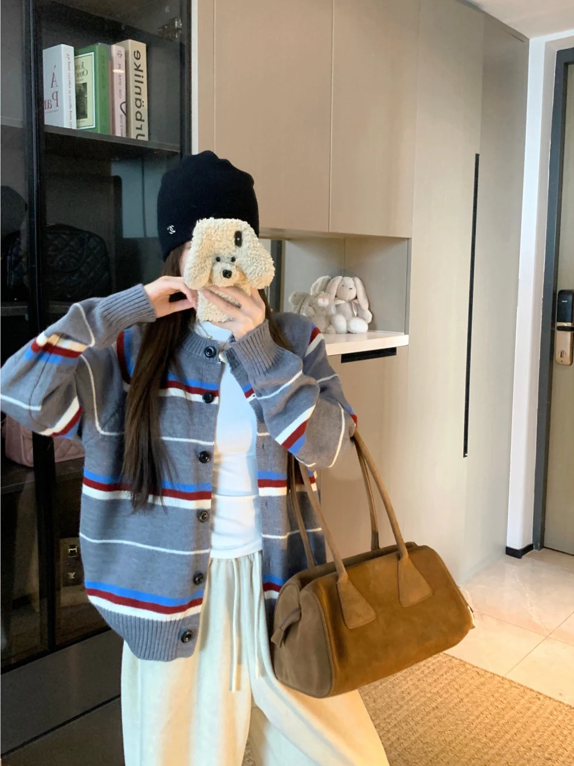 American Retro Striped Knitted Open Cardigan Women's Loose Fit Autumn Winter New Sle Lazy Faion Slimming Sweater Jaet