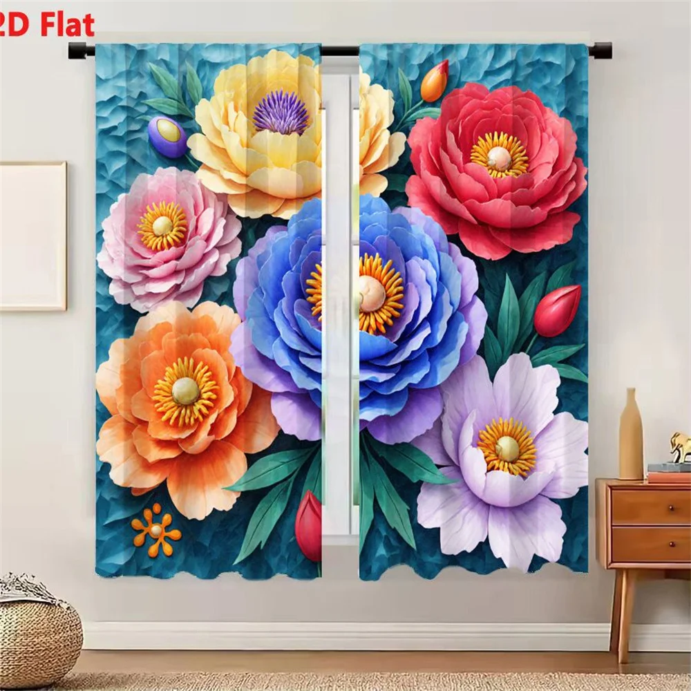 2Pcs Curtains 2D Flat 3D Paper - craft Style Flower Arrangement On Textured Teal Background With Six Colorful Peonies And Floral