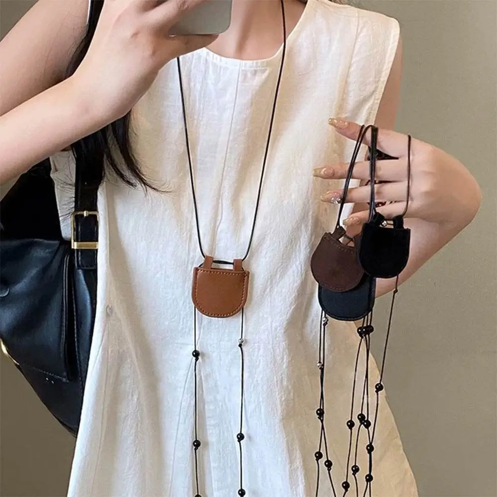 New PU Suede Bag Necklace with Long Strap Sweater Chain Necklace Mini Necklace Wearing Key Bag Necklace Creative Gift for Women