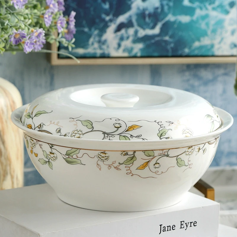 9 Inch, Golded Wave and Leaf Banding Painting, Bone China Pote, Potes, Ceramic Tureen, Japanese Soup Serving Bowls with Lid