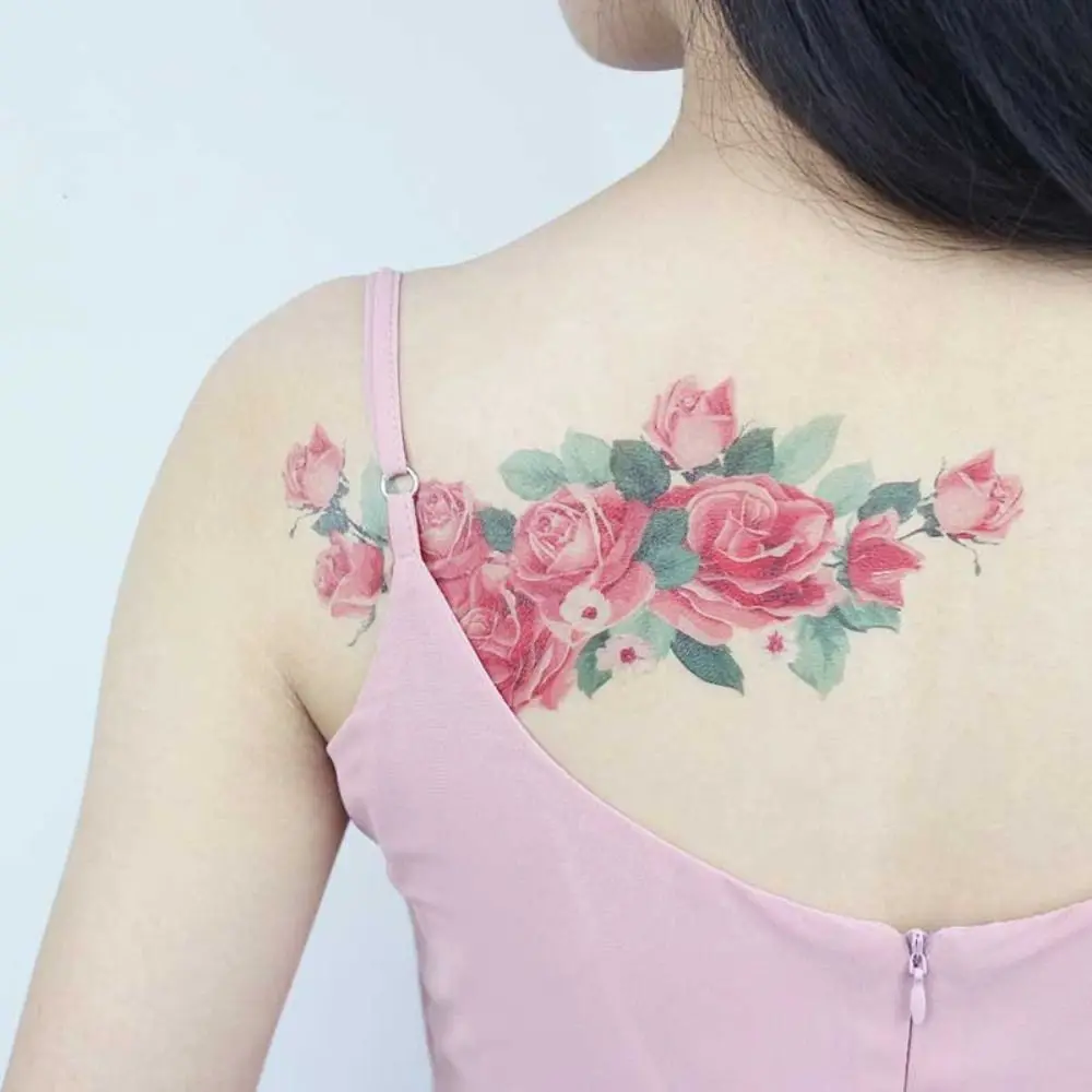 Diferentes estilos, pegatina de tatuaje de brazo Floral, rosa colorida, mariposa, brazo, flor, estaño, palo de tatuaje, flor de boceto temporal