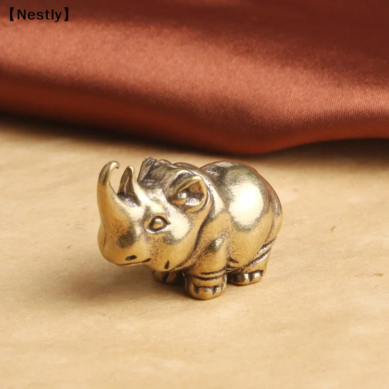 Antique Solid Brass Rhinoceros Figurine Desktop Decor Ornaments Tea Pet Animal Exquisite Statue DIY Accessories Gift〔Nest〕