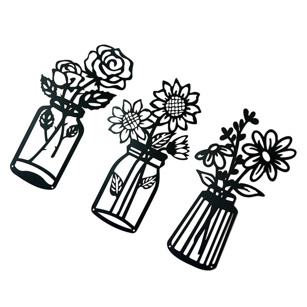 

3pcs Black Iron Wall Decor Metal Flower Vase Hanging Sculptures Pendant Art Home Garden Decoration