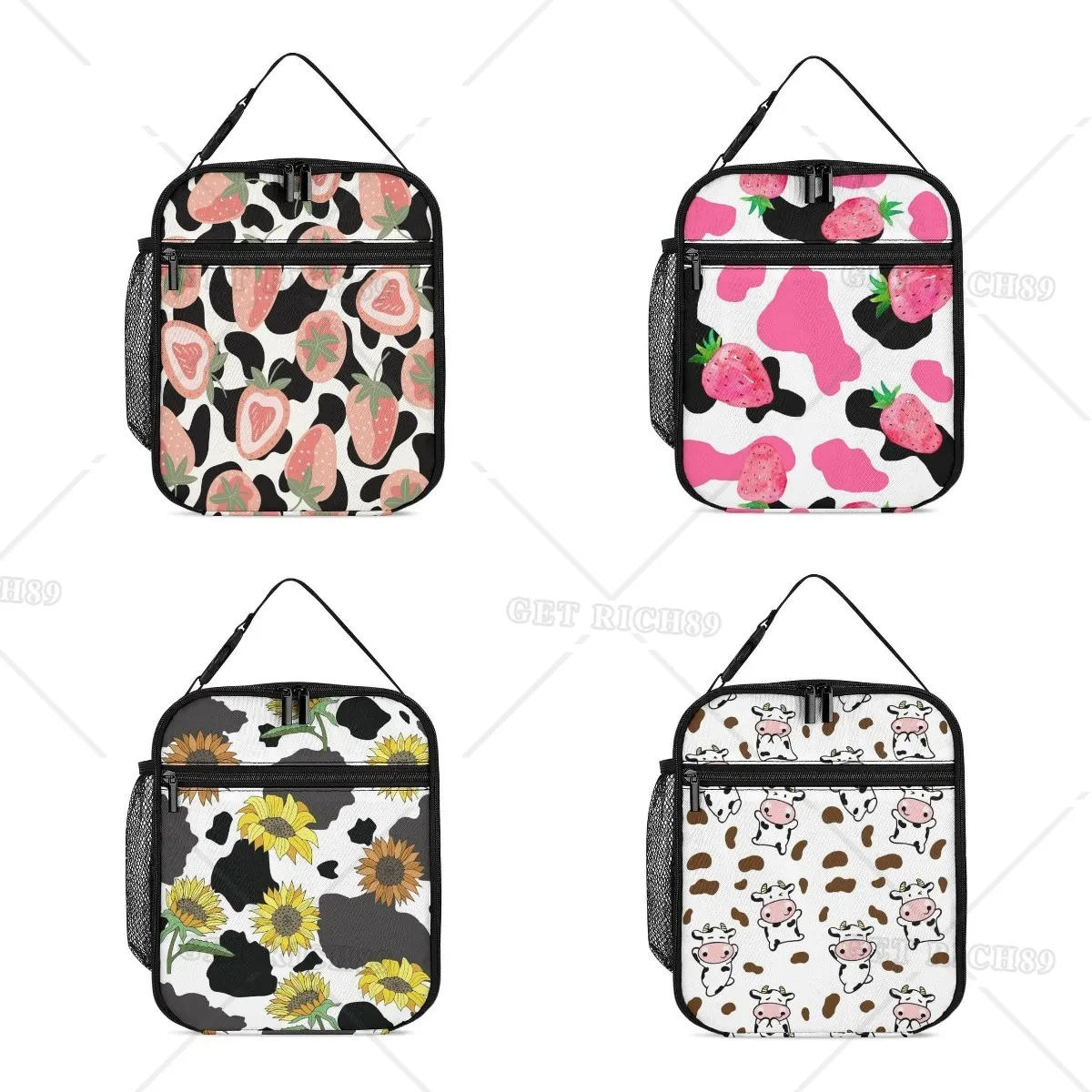 Cow Print with Strawberry and Flower Insulated Lunch Bag for Girls Boys Women Men Cooler Tote Bag Leakproof Lunch Box for Work