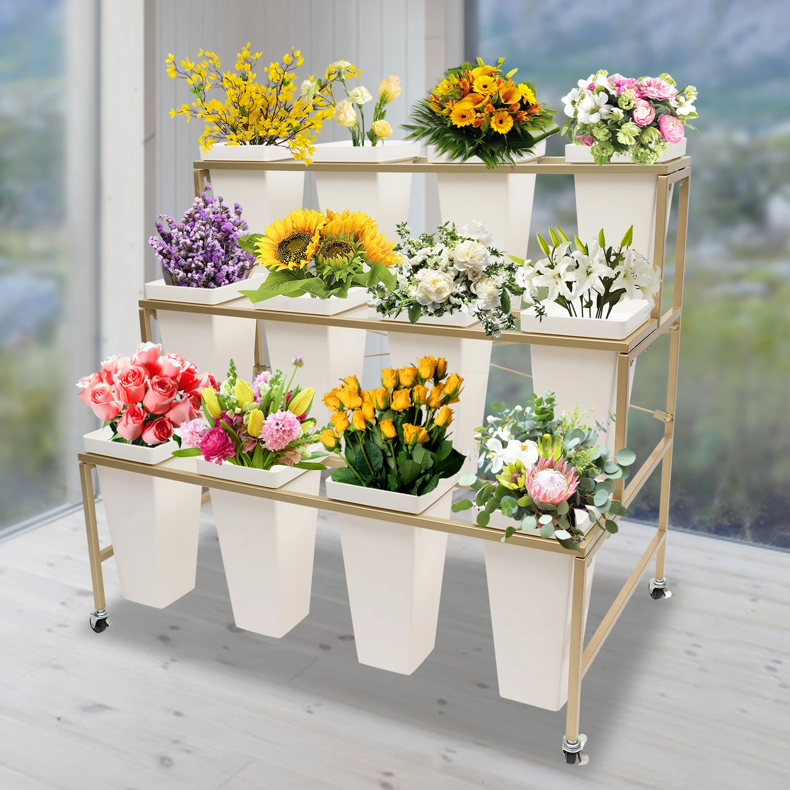 3-Layer Metal Heavy Duty Moving Plant Stand Flower Display Stand w/12Pcs Bucket & Wheels for Indoor Outdoor Patio Garden Florist