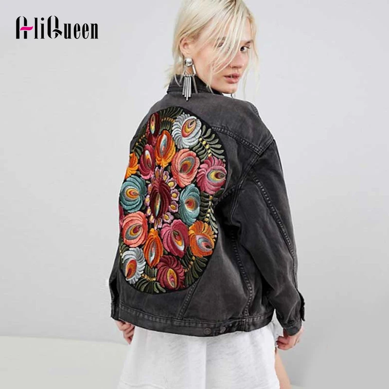 

2023 Women Boho Oversized Luxury Floral Embroidered Denim Jacket Streetwear Casual Chic Black Loose Jeans Jacket Coat