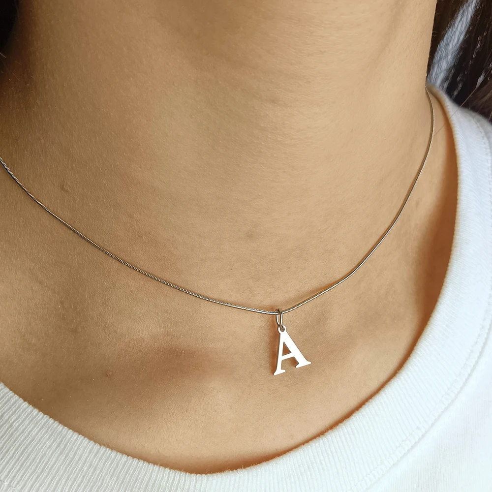 Women's silver Choker neck plated necklace neckband stainless steel chain with 26 initials  letter pendant simple  jewelry gift