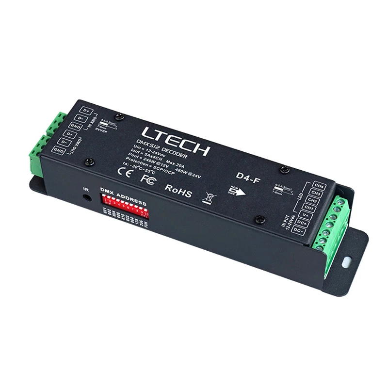 

LTECH Led DMX Decoder Controller;DC12-24V 6A*3CH 5A*4CH Max 20A Output 4 Channel RGBW/RGB DMX512 Slave Green Terminal Port