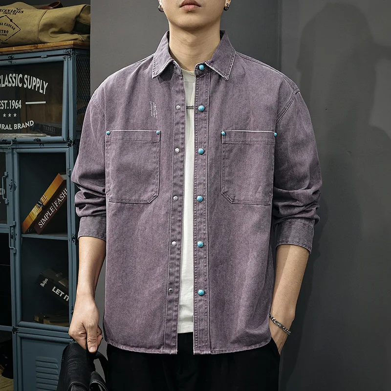 Men Purple Grey Blue Solid Color Loose Turn-down Collar Simple Basic Casual Daily Denim Shirts Male American Vintage New Fashion