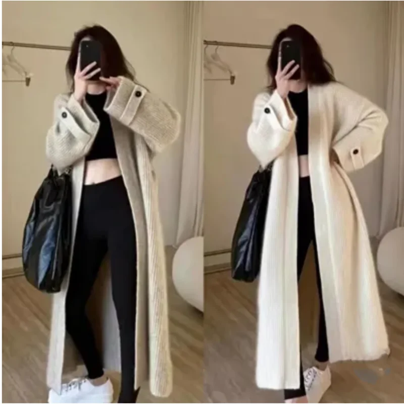 Autumn Winter Long Sleeve Knit Sweater Cardigan Loose Long Coat Women Clothing Casual High Street Vintage Simple Oversize Thick