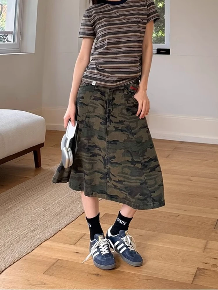 

American Vibe Retro Camouflage Denim Skirt Women's Summer High Street Casual Loose Slimming Workwear Skirt A-Line Cotton