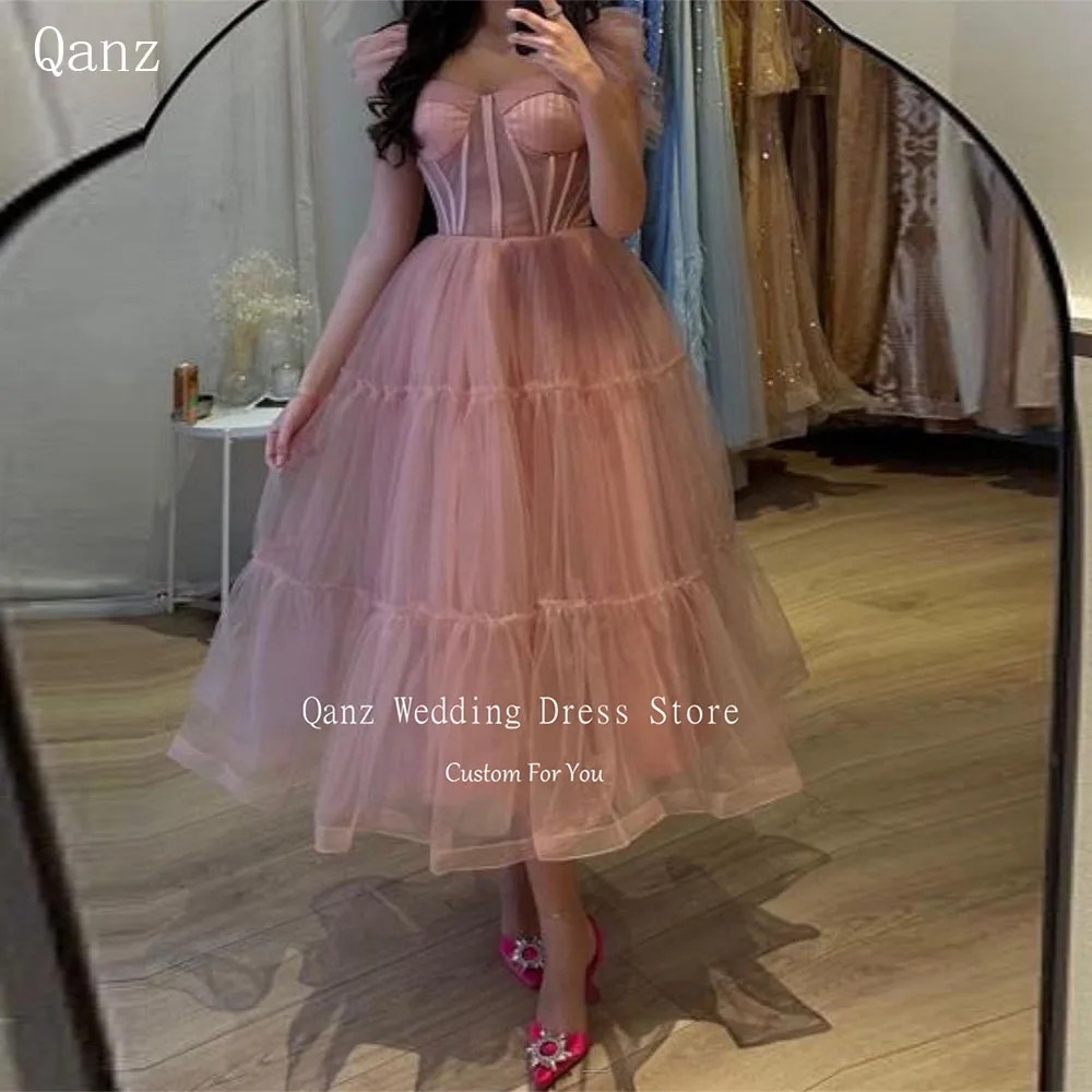 Qanz Dirty Pink Prom Dresses 2024 Graceful Princess Cap Sleeves Tea Length Party Dress Tulle A Line Evening Dresses for Women